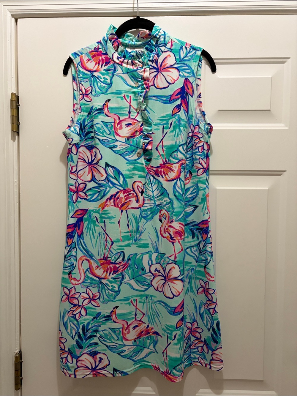 Aryeh Aqua Flamingo Print Mock-Neck Midi Dress